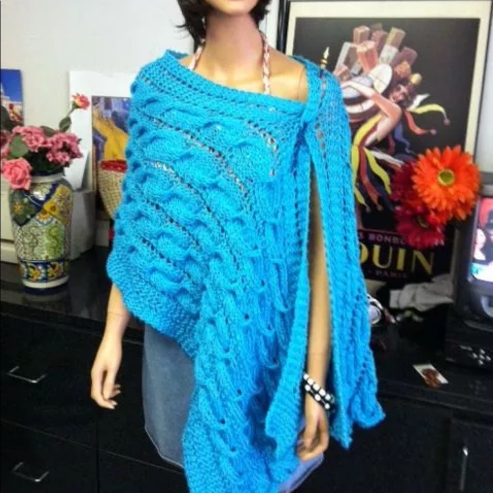 Hand Knits 2 Love Shawl Turquoise Cables Designer